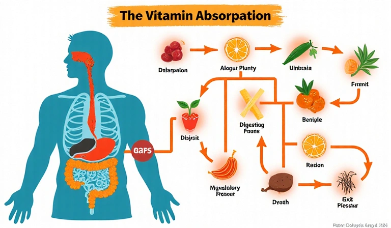 Infografica stilizzata che mostra il processo di assorbimento delle vitamine nel corpo