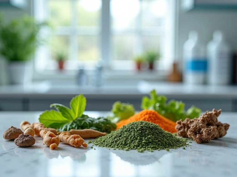 Scatto ravvicinato di erbe naturali e ingredienti su una superficie pulita di laboratorio