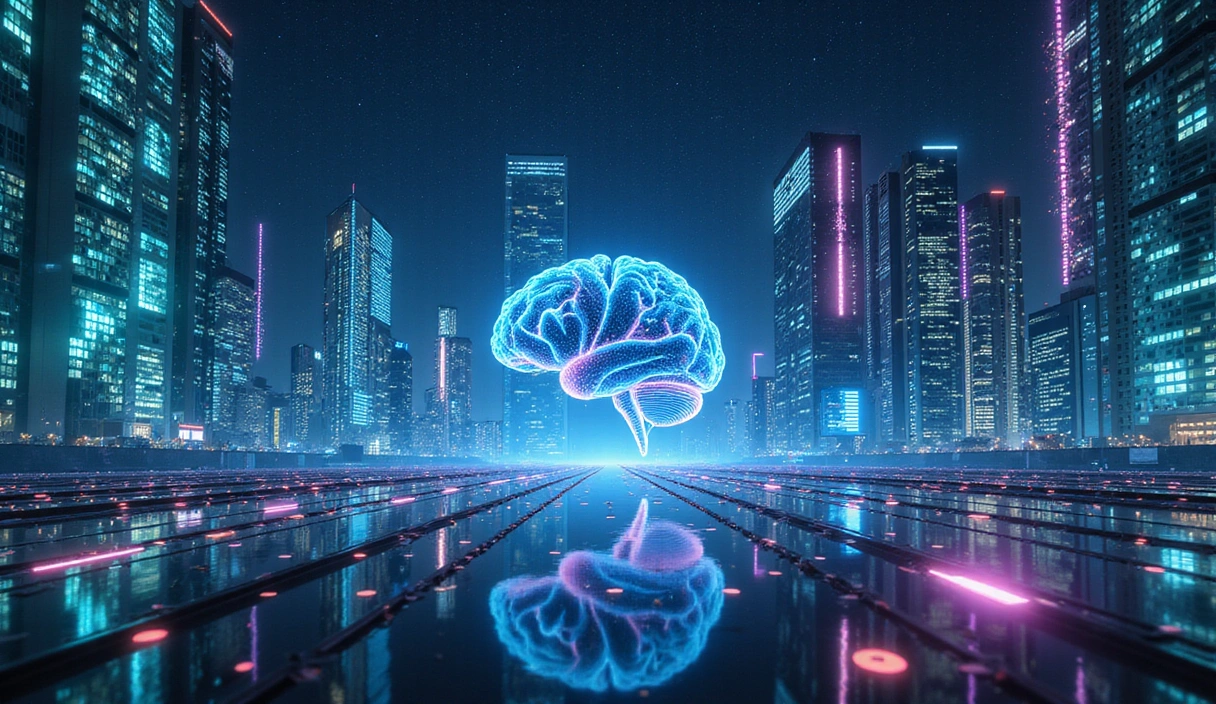 Immagine che rappresenta il futuro dell'intelligenza artificiale con elementi futuristici e olografici.