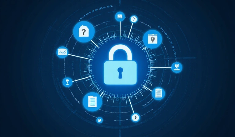 Rappresentazione visiva della protezione dei dati personali, con icone di lucchetti e scudi che circondano dati digitali.
