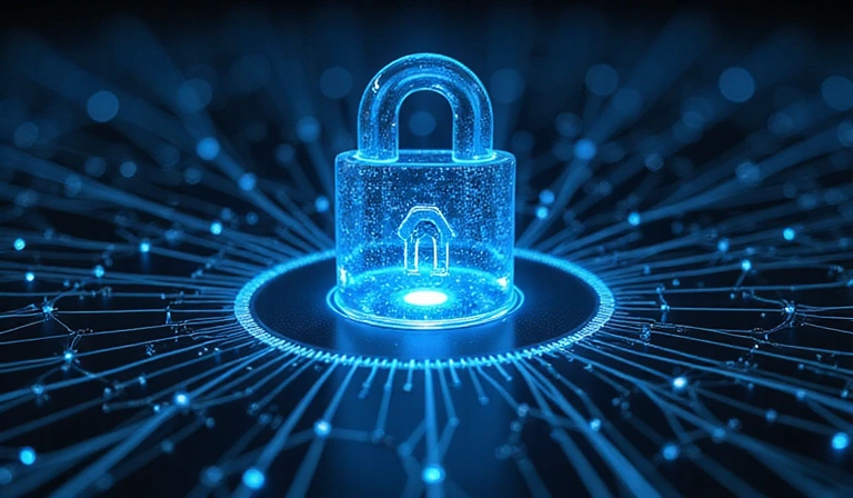 Un'immagine stilizzata che rappresenta la sicurezza informatica, con un firewall a protezione di una rete di dati digitali. No testo.
